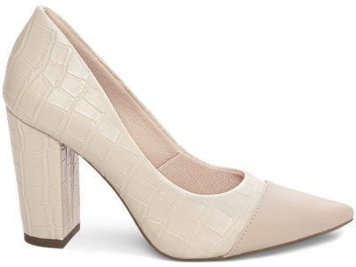 Scarpin Croco Bege Marfim com Salto Grosso