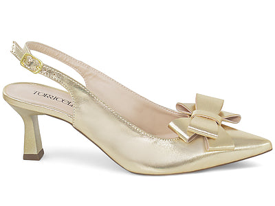 Scarpin Slingback Dourado Metalizado com Laço