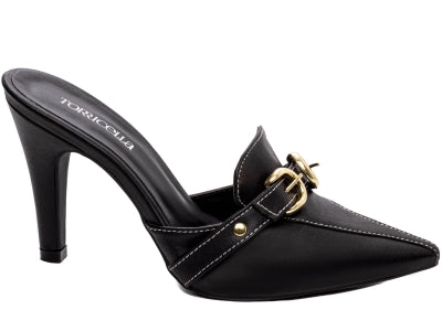 Scarpin Mule Preto com Detalhes Dourados