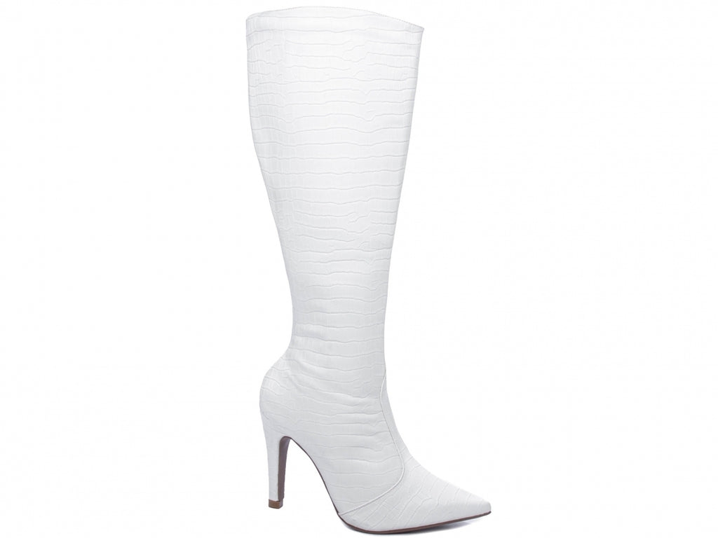 Bota Bico Fino Branca Croco com Salto de 10 cm