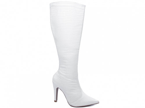 Bota Bico Fino Branca Croco com Salto de 10 cm