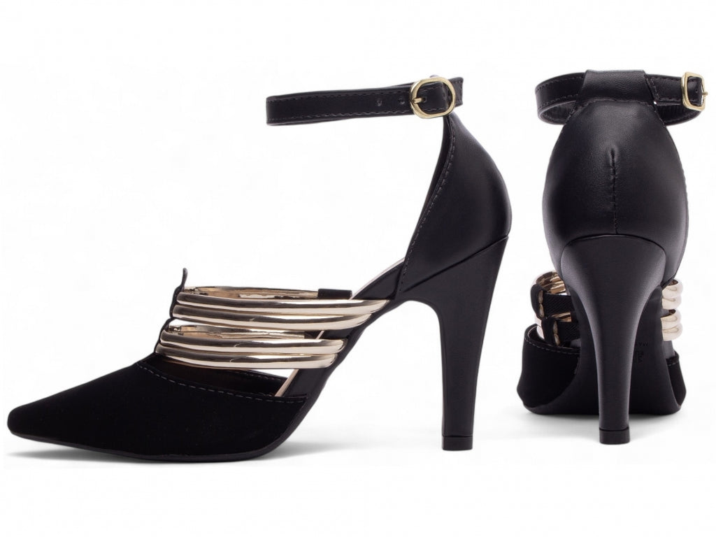 Scarpin Preto com Tiras Metalizadas Ouro Light