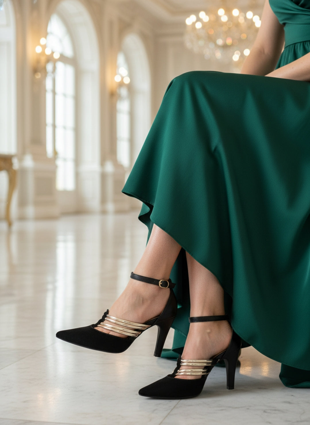 Scarpin Preto com Tiras Metalizadas Ouro Light