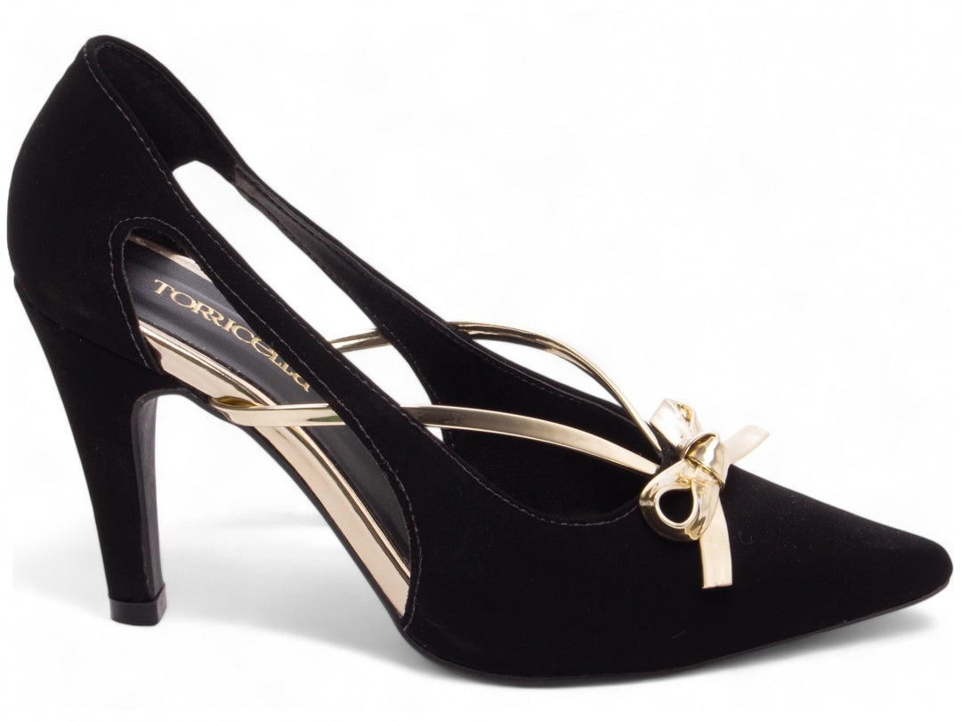 Scarpin Preto com Laço Metalizado Ouro Light