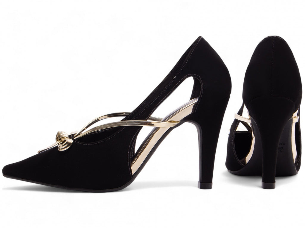 Scarpin Preto com Laço Metalizado Ouro Light